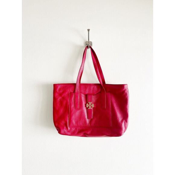 Tory Burch Plaque Tote Large Red Leather Bag $495 Purse Metal Logo - Picture 1 of 7